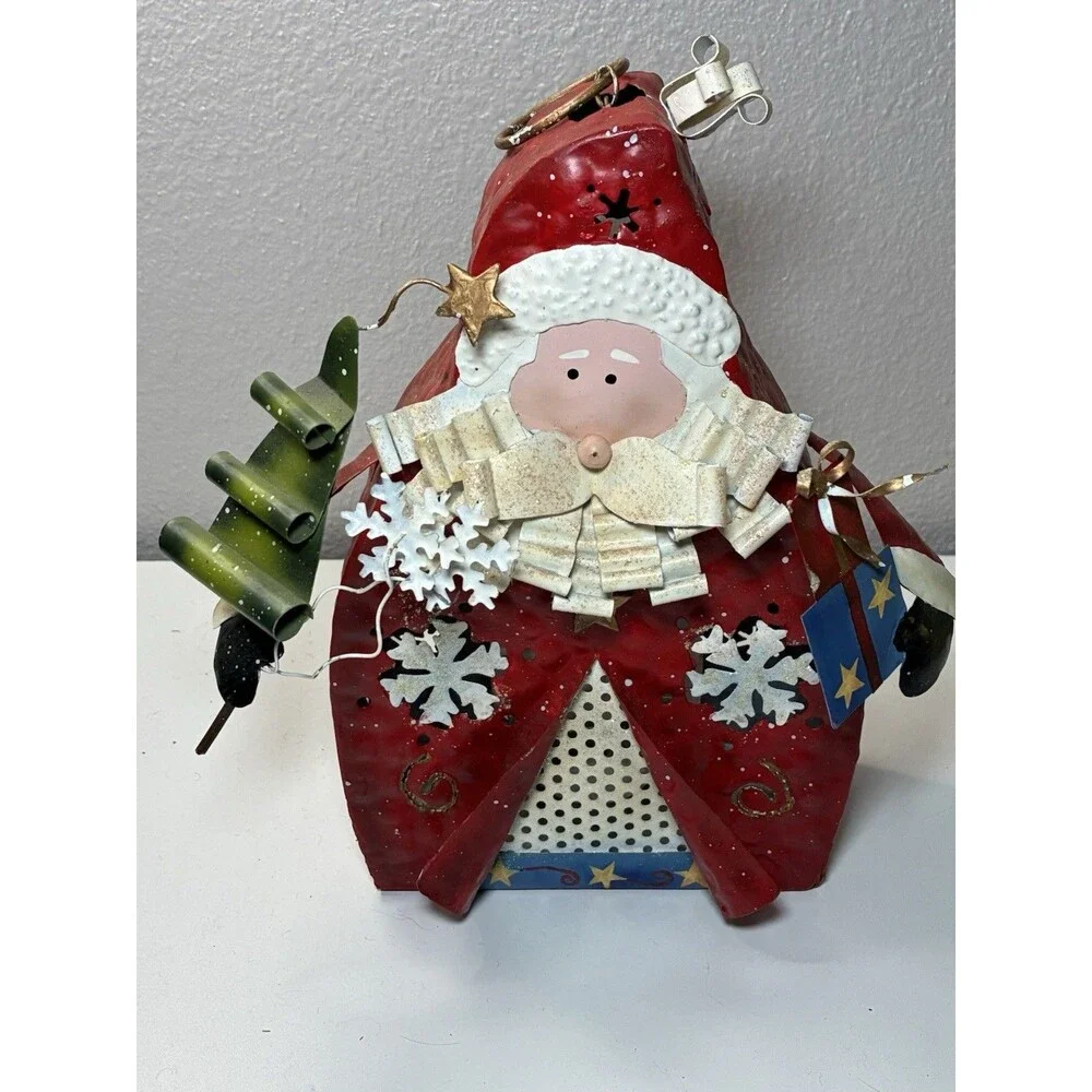 Santa Lantern Christmas Candle Holder Tin  9 in Tall 6 in Wide EUC